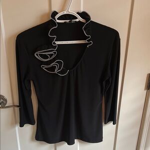 Black Ruffled Rosette Neck Asymmetrical 3/4 Sleeve Top, made in Canada, size M